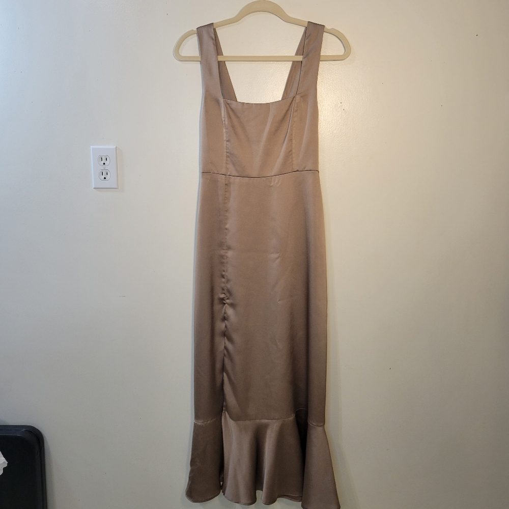 Show Me Your Mumu Taupe Satin Midi Slip Dress